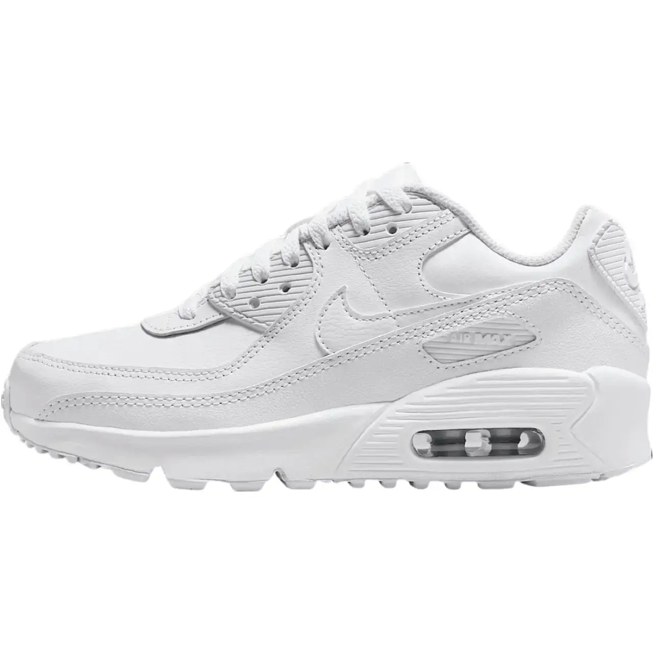NIKE Air Max 90 Leather Sports Shoes for Youth/Women's in White Metallic Silver, Cushioned Closed-Toe for Training and Casual Wear