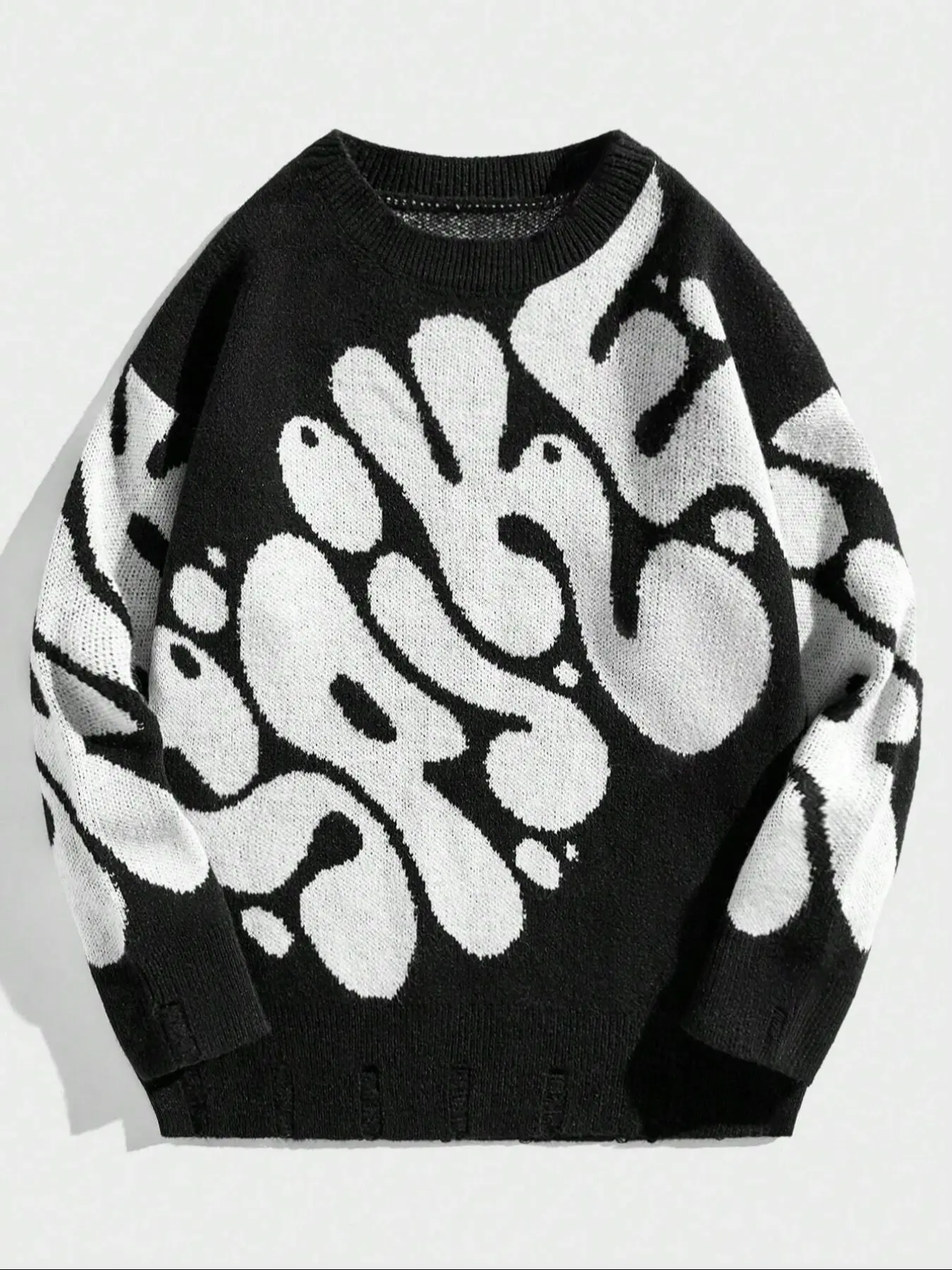 Men's Graphic Print Knit Sweater, Casual Fitted Long Sleeve Pullover, Warm Round Neck Jumper, Knitwear for Fall & Winter Seasons, Menswear