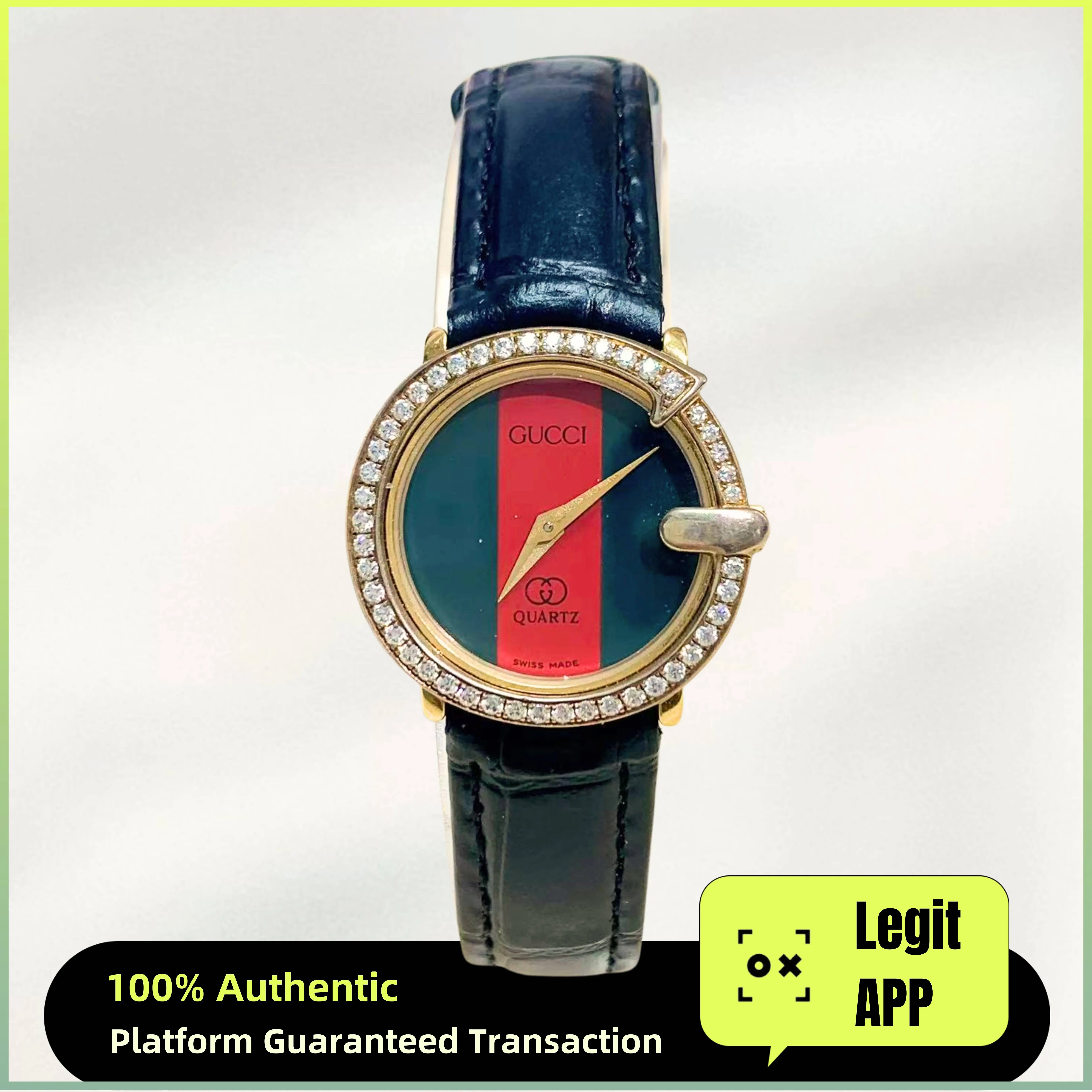 Gucci Vintage 25mm Quartz - Red/Green Dial, Leather Strap & Two-Tone Diamond-Set Caseback Ladies Watch 11892074