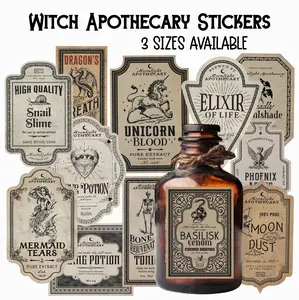 Halloween Apothecary Labels, Vintage Potion Bottle 12 PCs Stickers, Halloween Decor, Magic Witch Apothecary Potion, Water-Resistant Stickers