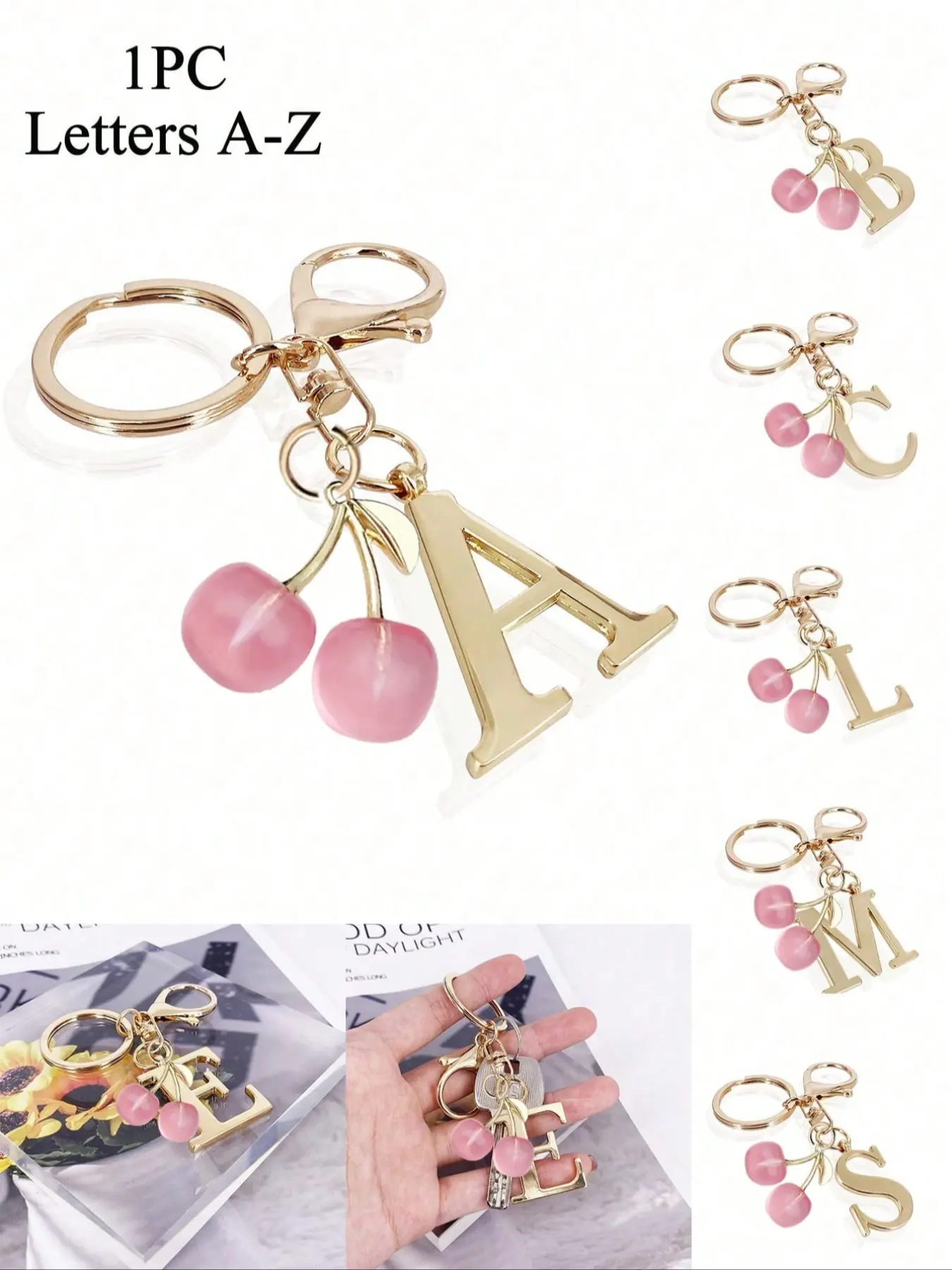 Gold letter keychain with pink cherry, 3D letter A-Z charms, Initial Keychain, for handbags and backpacks, heavy-duty letter keychain gift, classic simple keychain, decoration, bag accessory, suitable as a holiday souvenir, Keychain Accessories, Keyrings