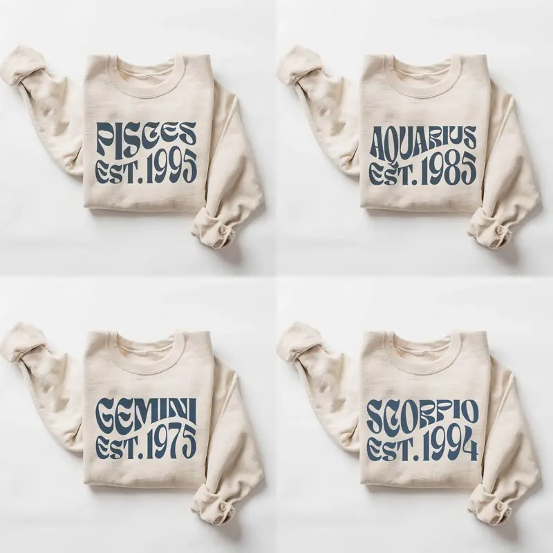 (LEAVE A NOTE OR DM SHOP) Retro Zodiac EST. Year Sweatshirt - Sand, Minimalist Astrology Crewneck Pullover, Vintage Horoscope Sign Top, Unisex Birthday Gift for Her And Him, 90s Typography Style Outfit, Christmas Gift - AL