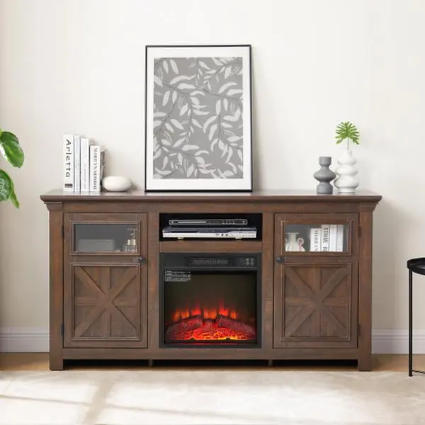 Farmhouse TV Stand with 18" Fireplace Insert, 2 Door Barn Design Entertainment Center Cabinet, Reclaimed Wood Media Console for Living Room (Espresso)