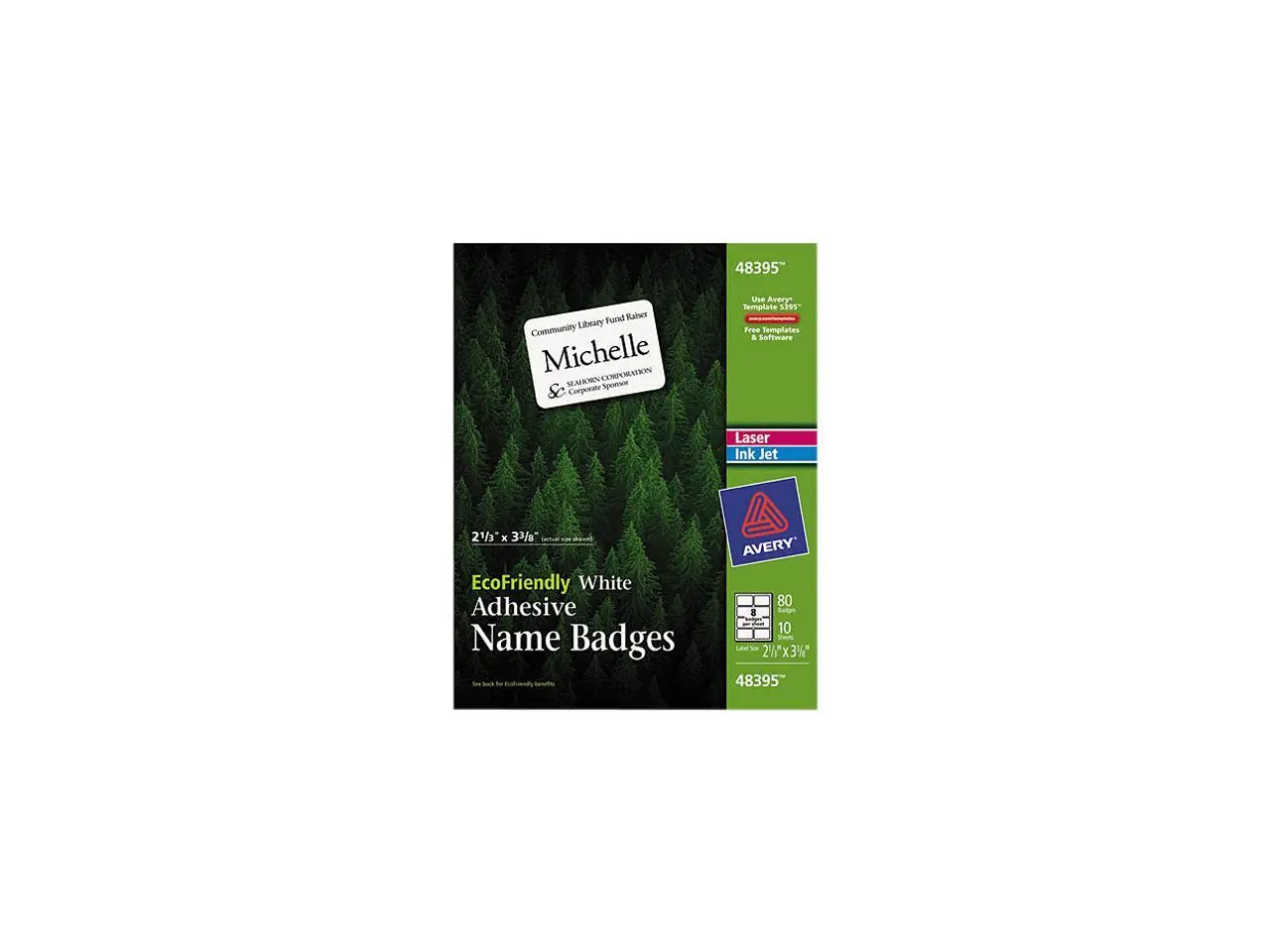 Avery 48395 EcoFriendly Name Badge Labels, 2-1/3 x 3-3/8, White, 80/Pack