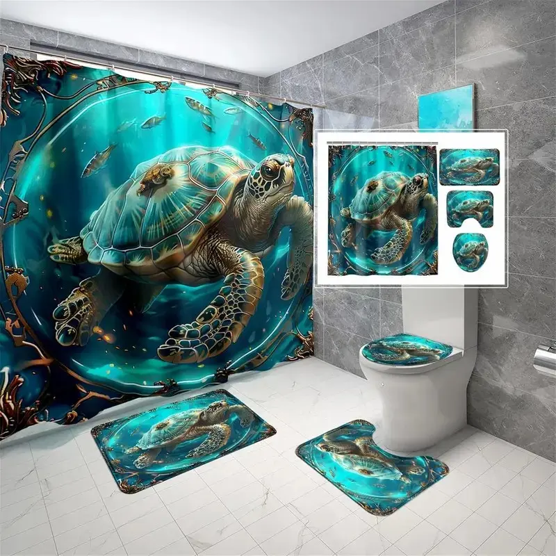 Sea Turtle Pattern Bathroom Decorations, Aesthetic Bathroom Decor, 4 Countsset Including Ocean Shower Curtain & Toilet U-shape Mat & Bathroom Mat & Toilet Lid Cover, Bathroom Accessories with Hooks, Shower Curtain Sets