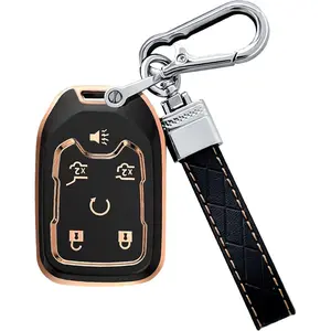 Key Fob Cover Compatible with Chevy Tahoe Suburban GMC Yukon Car Accessories with Keychain 6 Button Key Shell Case TPU (Black)