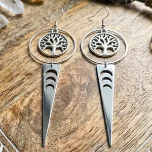 Celestial Tree of Life & Moon Phase Drop Earrings – Silver Plated Stainless Steel