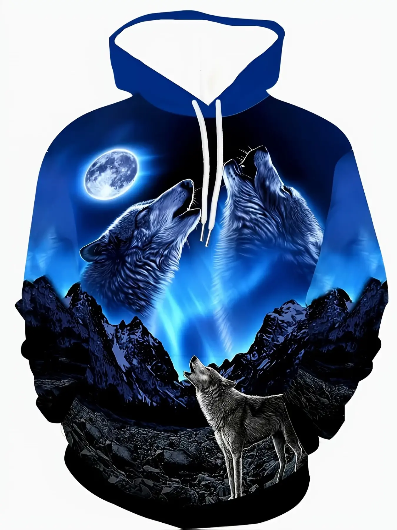 Digital Print Fashion Hooded Pullover, Autumn Sweatshirt, 3D Digital Print, Night Wolf Moon Color Wolf Pattern, Casual Long Sleeve, Knit, Graphic Hoodies