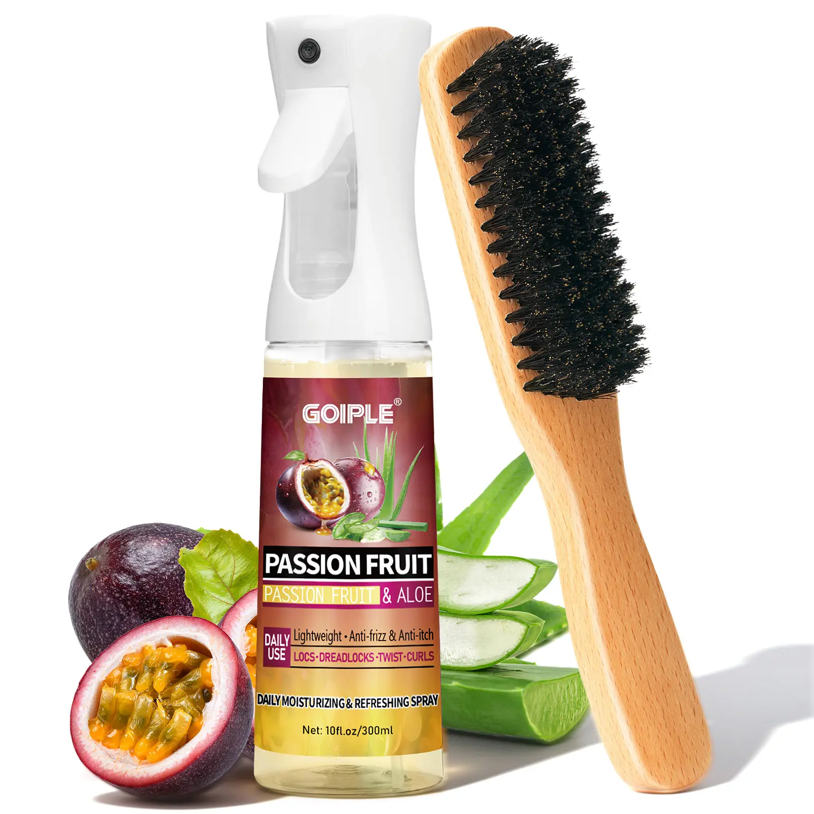 Passion Fruit  Aloe Hair Spray & Boar Brush Set for Dreadlocks Refresh,Anti-frizz & itch for scalp ,Hair Care with Nourishing  Benefits , Moisturizing Curl Hair and Playful Styling