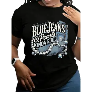 Women's Blue Jeans & Pearls Graphic T-Shirt - Cotton Casual Short Sleeve Round Neck Top with Geometric Design for Spring/Summer Daily Wear, Everyday Comfort Tee, Relaxed Fit Shirt, Durable Casualwear