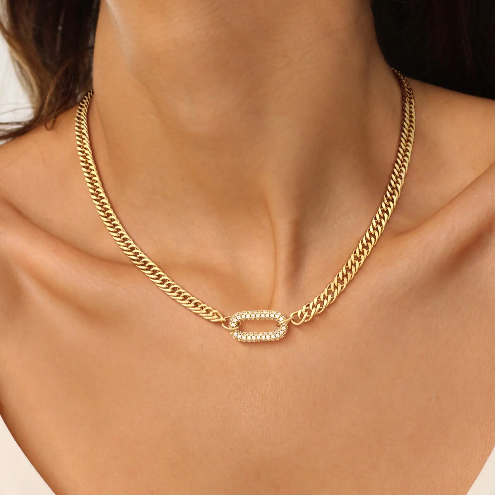 Tewiky 14K Gold Plated Cuban Link Chain Necklace with Zircon Clasp for Men Women，Trendy Cuban Necklace For Women Gift For Valentine's Day gifts