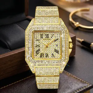 Fashion Hip Hop Men's Crystal Watch Bling Bling Watch Rectangle Case Stainless Steel Quartz Analog Bracelet Wristwatch
