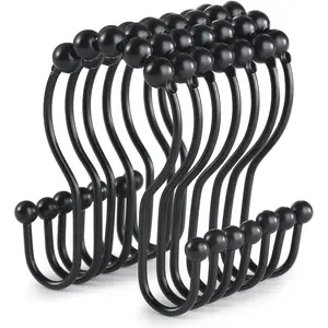 Shower Curtain Hooks, 12 Pcs Shower Curtain Rings, Stainless Steel Black Shower Curtain Hooks, Shower Curtain Rings Rust Proof, Smooth Sliding Anti-Drop Double Shower Rings for Curtain (Black)