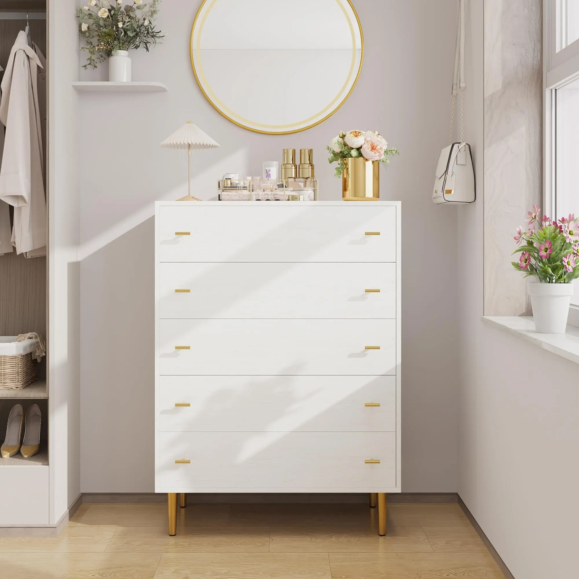 5 Drawers Dresser for Bedroom, 44" Tall Wood Rustic Chest of Drawers with Bar Handles, Vintage Design, Storage Dressers Organizer for Bedroom, Living Room, Hallway, White