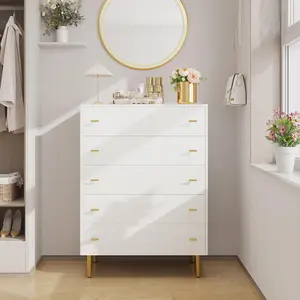 5 Drawers Dresser for Bedroom, 44" Tall Wood Rustic Chest of Drawers with Bar Handles, Vintage Design, Storage Dressers Organizer for Bedroom, Living Room, Hallway, White