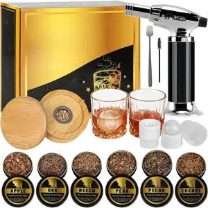 Whiskey Smoker Kit with Torch - 6 Natural Wood Chips Flavors, 2 Glasses, 2 Ice Molds - Cocktail  Infuser Kit, Old Fashioned  Kit, Birthday Bourbon Whiskey Gifts for Men, Dad(No Butane)