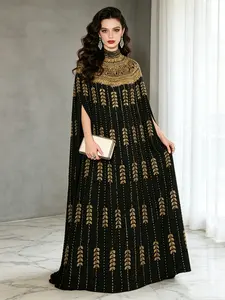 Women's Luxurious Gold Long Dress, Golden Sequins, Embroidered, Batwing Sleeves, Elegant Kaftan Evening Gown, Wedding Party, Ramadan, Eid