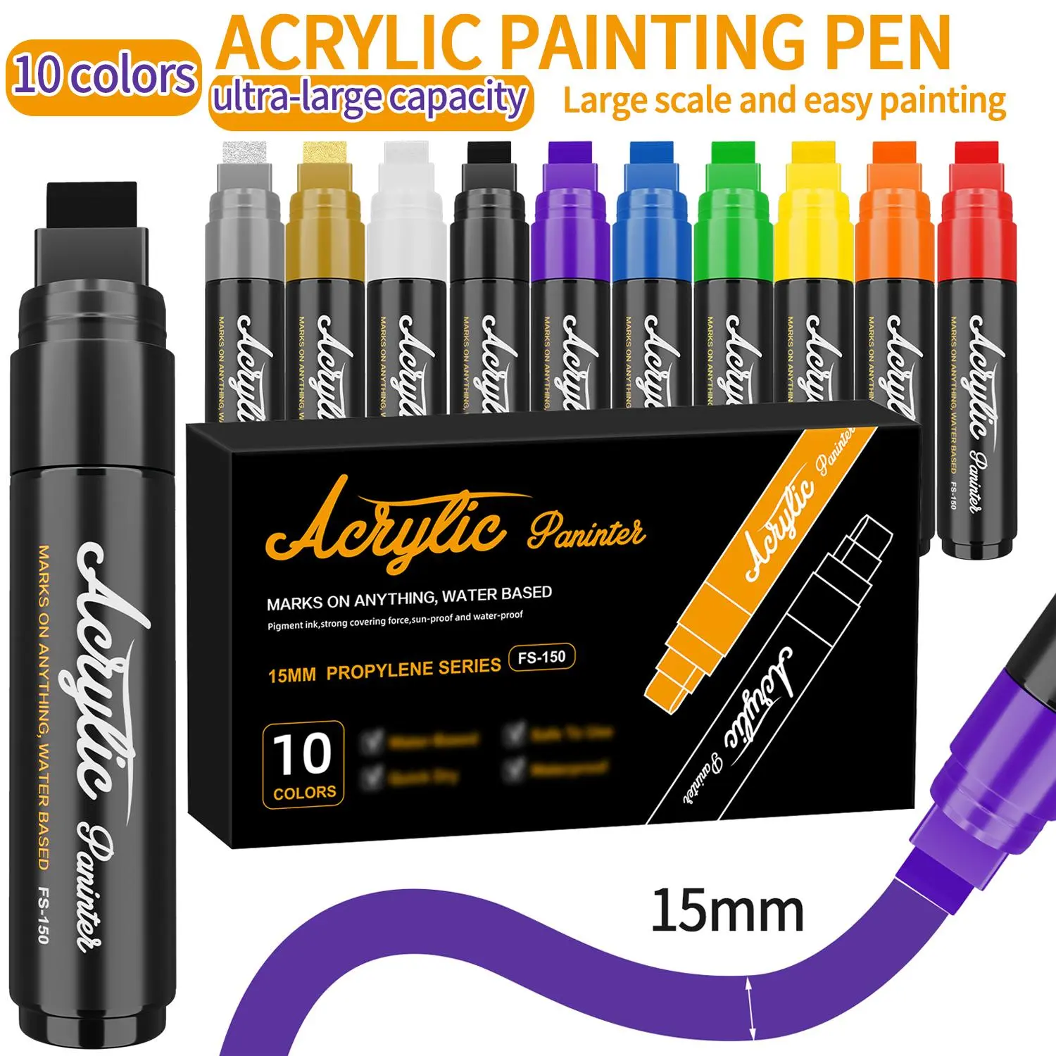 10 Color Giant Permanent Markers, 15mm Tip Width, Thick Paint Acrylic Pens for Rock Painting and Sign Making, Canvas and Wood Use