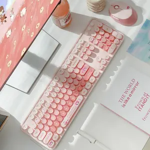 Mofii 1 Set Pink USB Wireless Ergonomic Round Keyboard and Mouse Combo with Bear Cartoon Pattern, Comfortable Office Typing Feel, Compatible with Laptops and Desktops, US QWERTY Layout (Batteries Not Included)