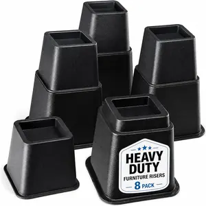 Adjustable Bed Risers - Elevation in 3, 5 or 8 Inch - Heavy Duty Stackable Furniture Risers Supports 1,300 lbs - for Under-Bed Storage, College Dorms, Table and Couch, 4 Pack Black Bed Lifts