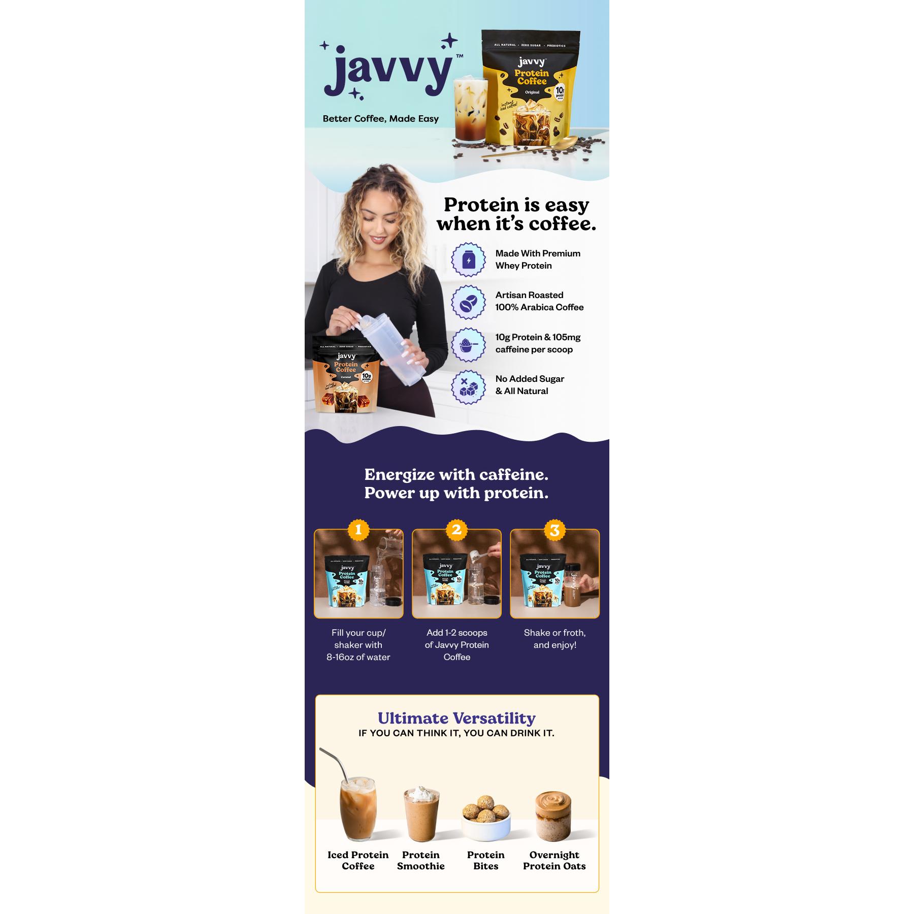 Javvy Chocolate Hazelnut Protein Iced Coffee - Premium Whey Protein, Instant Iced Coffee, 100% Natural Cold Brew, Arabica Bean, 0 Artificial Flavors & Sweeteners, 0 Sugar, 80 mg Caffeine, 20 Servings