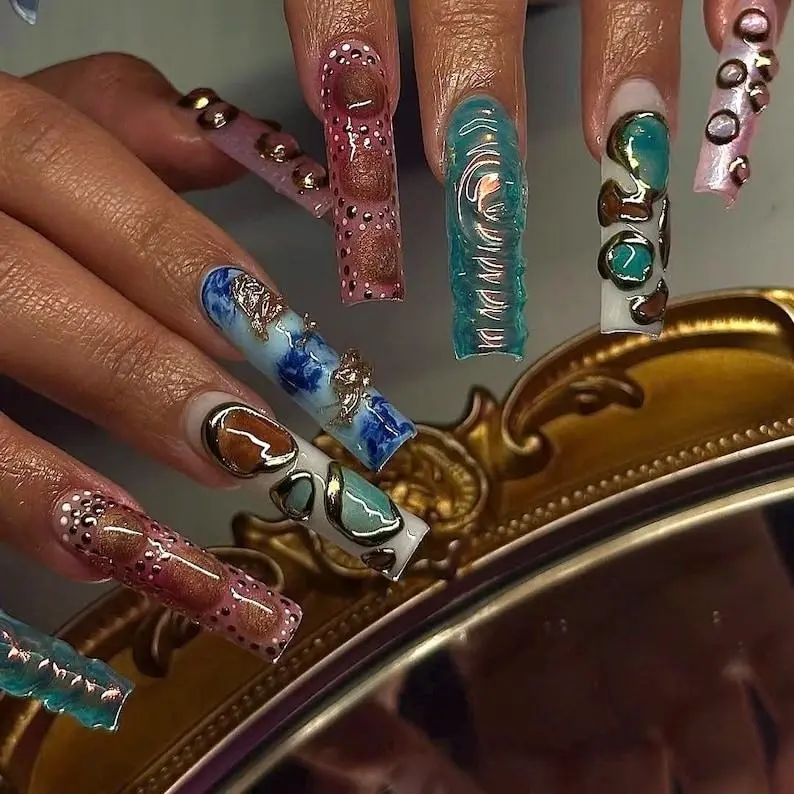 Elegant Chrome Press-On Nails | Hand-Painted 3D Metallic Nail Art | Premium Nail Set