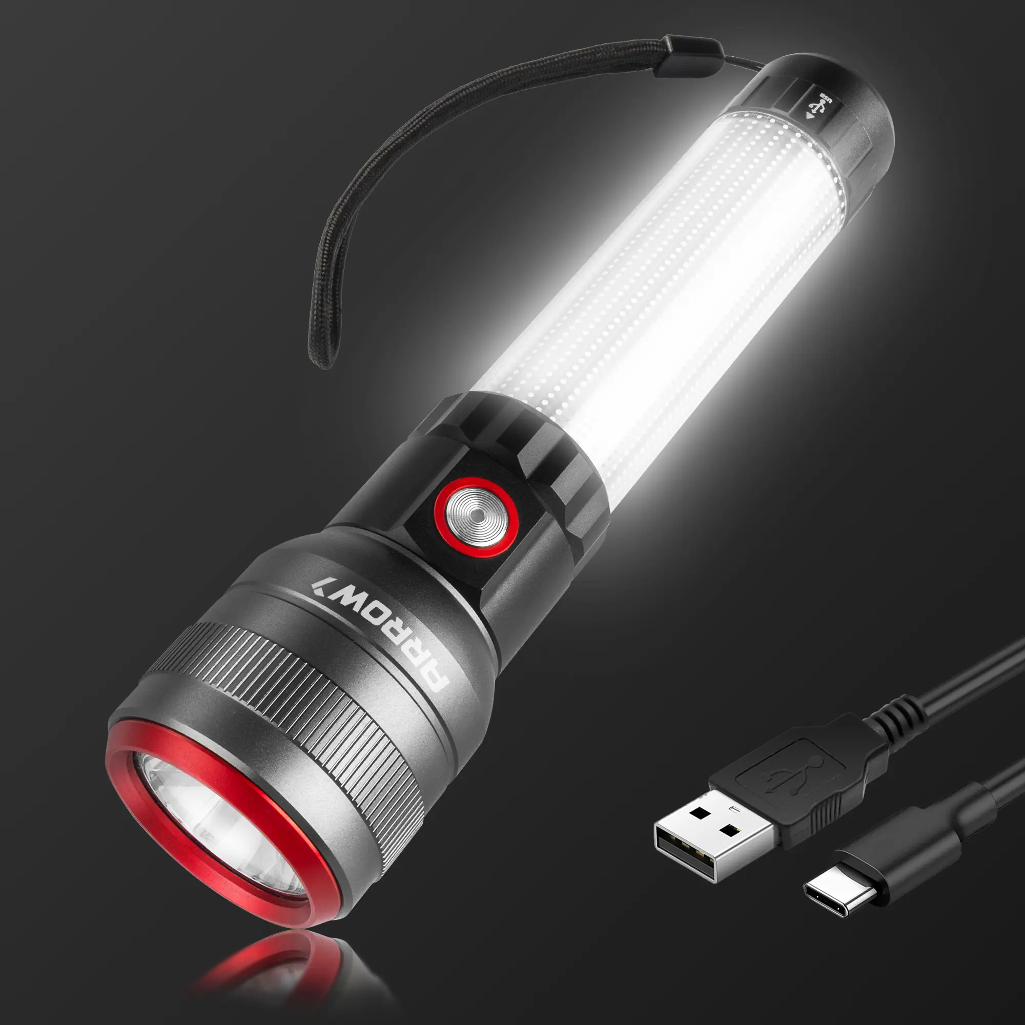 #backtoschool Arrow Rechargeable Flashlights 1200 Lumens with Body Area Light, Bright LED Flashlight with Memory Function, Flash Light with USB-C Charging for Camping, Power Outage & Emergency