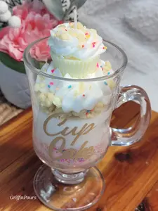 Birthday Cake Cup Cake - Decorated with Whipped Cream and Sprinkles, Featuring "Cup Cake" Text Design