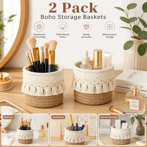 Cotton Boho Macrame Organizer Baskets 2pcs - Mini Vanity Storage for Makeup Brushes, Pencils, Combs - Desk Decor, Mid Year Sale Deals