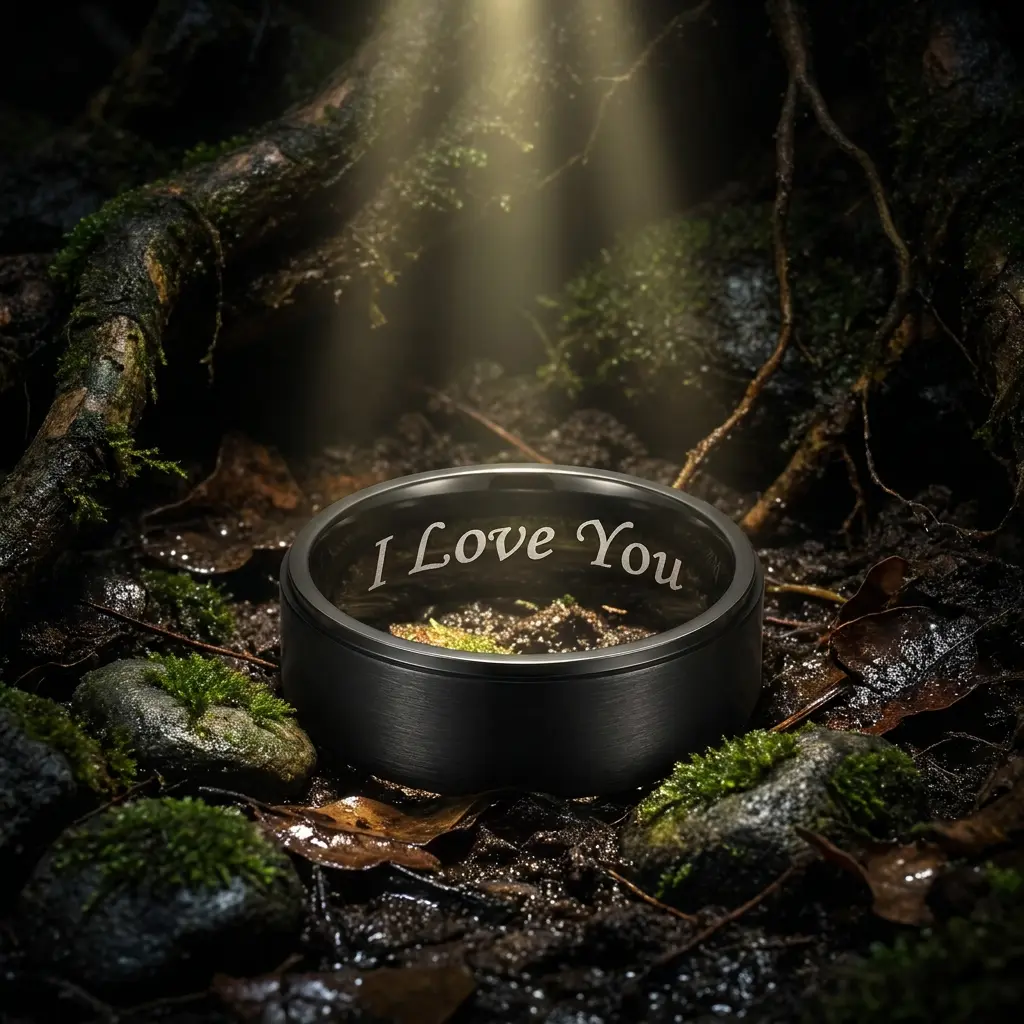 Black Textured Brushed Tungsten Carbide Ring - Minimalist Scratchproof Mens Wedding Bands, Engraved "I Love You" Matte Finish, Gift Idea for Him, Unisex, Rings, Round