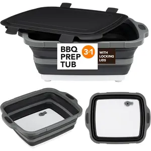 Basket for Meal Prep Marinating Food Storage, Large Collapsible BBQ Prep Tub with Locking Lid,Plastic Cutting Board(4.22 Gal/16L), Camping Sink with Colander, Dish Basin
