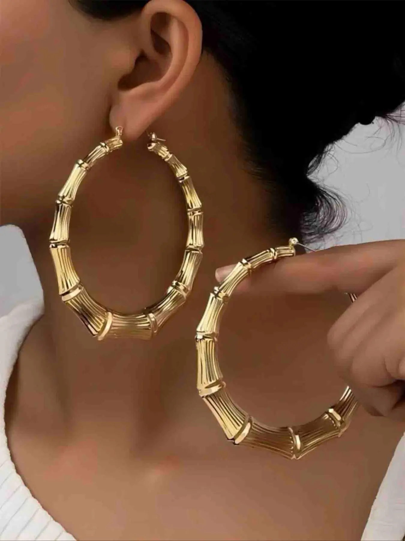 2024 Summer Bamboo Joint Design Hoop Earrings, 2024 New Dainty Jewelry for Daily Clothing Decor, Party, Unique Design Earrings, Chic All-match Jewelry As Gift for Girlfriend, Trendy Jewelry, Lightweight Chunky Hoops, Fashion Earrings, Hoop Shape Earrings