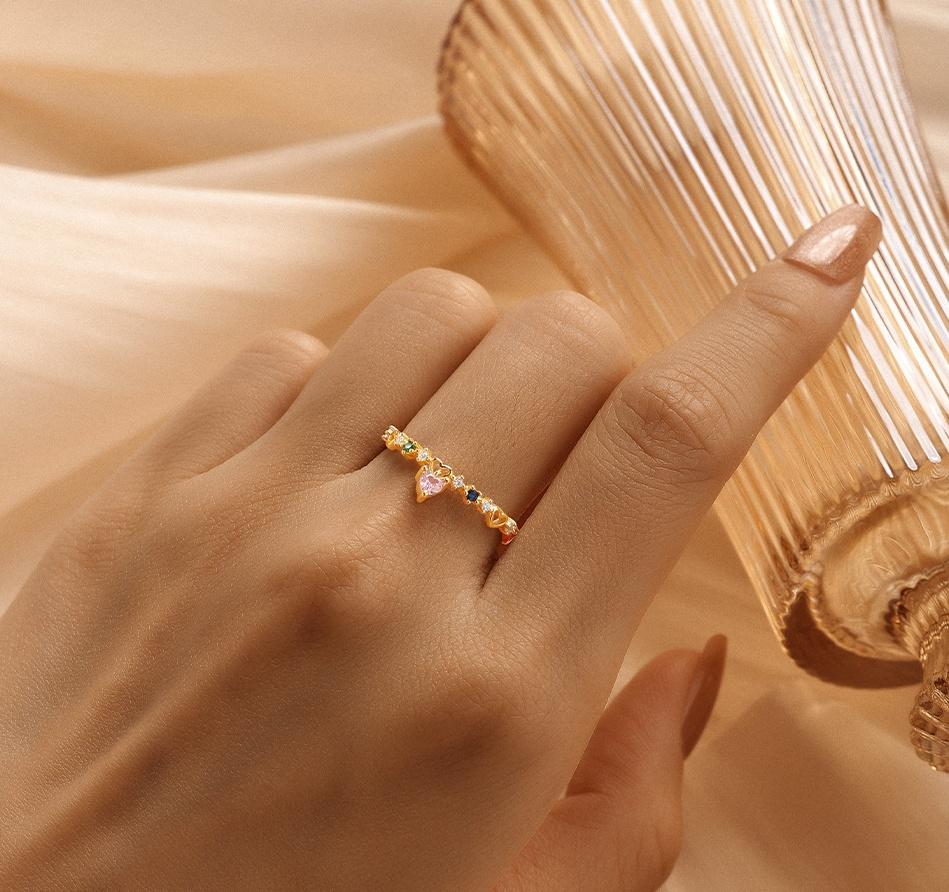 18K Gold Plated 925 Silver Adjustable Barbie Pink Heart-Shaped Pendant With Multi-Color Zirconia Ring