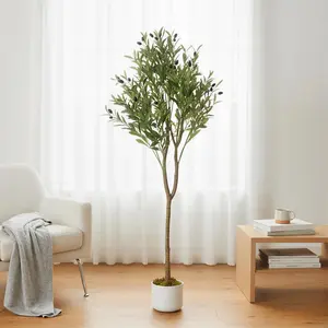 Artificial Olive Tree – Realistic Trunk & Lifelike Silk Leaves – 22 Fruits – Faux Potted Plant for Indoor Home, Living Room, Office, Entryway Décor – 4.2FT, Single Stem