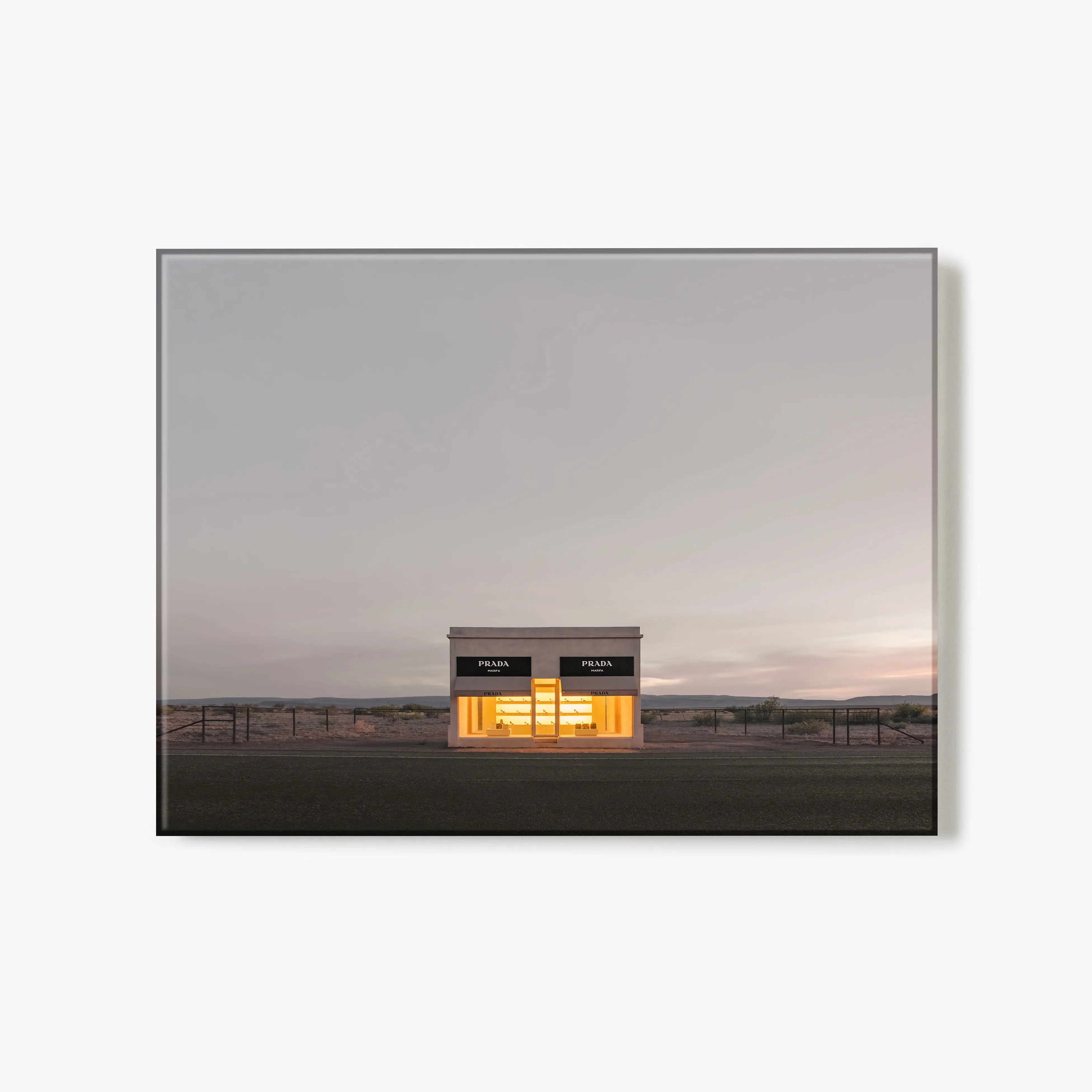 Prada Marfa After Dark Glass Print Artistic Wall Poster - Fashion Nature-Inspired Modern Home Decoration, Frameless Multi-Size Photo with Moody Sky, Irony Touch for Small Spaces, Extra Large Option Available