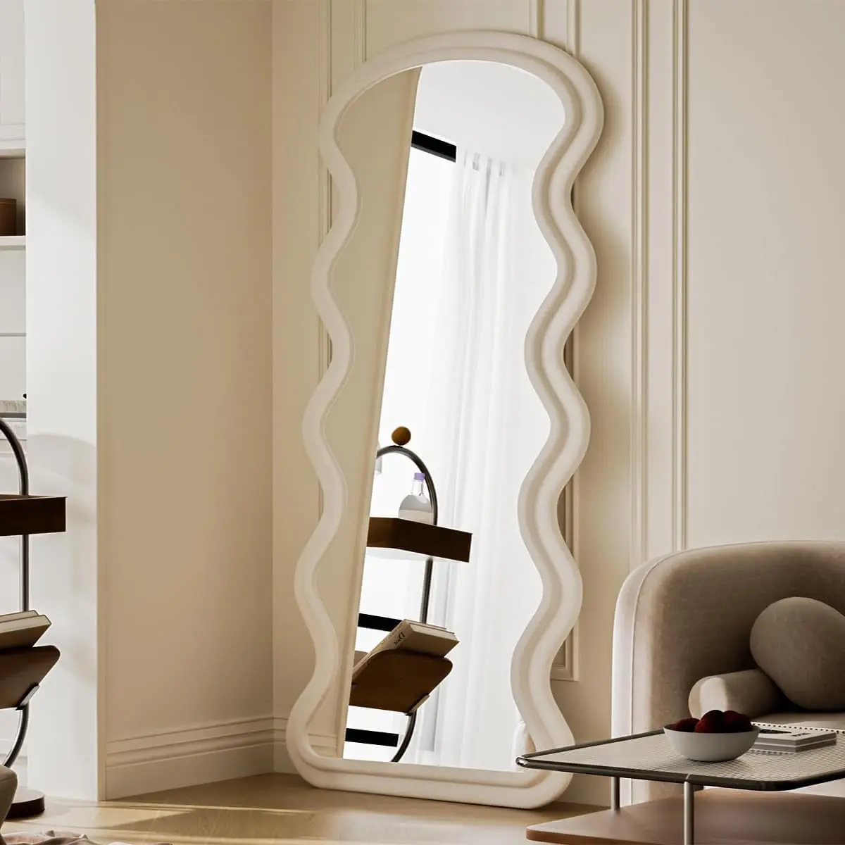63"x24" Wavy Mirror Full Length, Flannel Floor Mirrors, Irregular Wavy Standing Mirror Wall Mounted with Flannel Wrapped Frame for Bedroom & Living Room, White