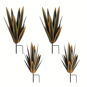 New Set of 4 Rustic Metal Agave Sculptures, Orange Hand-Painted Iron Plant Home Decor, Outdoor Garden Stakes for Wedding, Lawn Ornament, Flower Theme, Floor Mount, No Electricity or Battery Require
