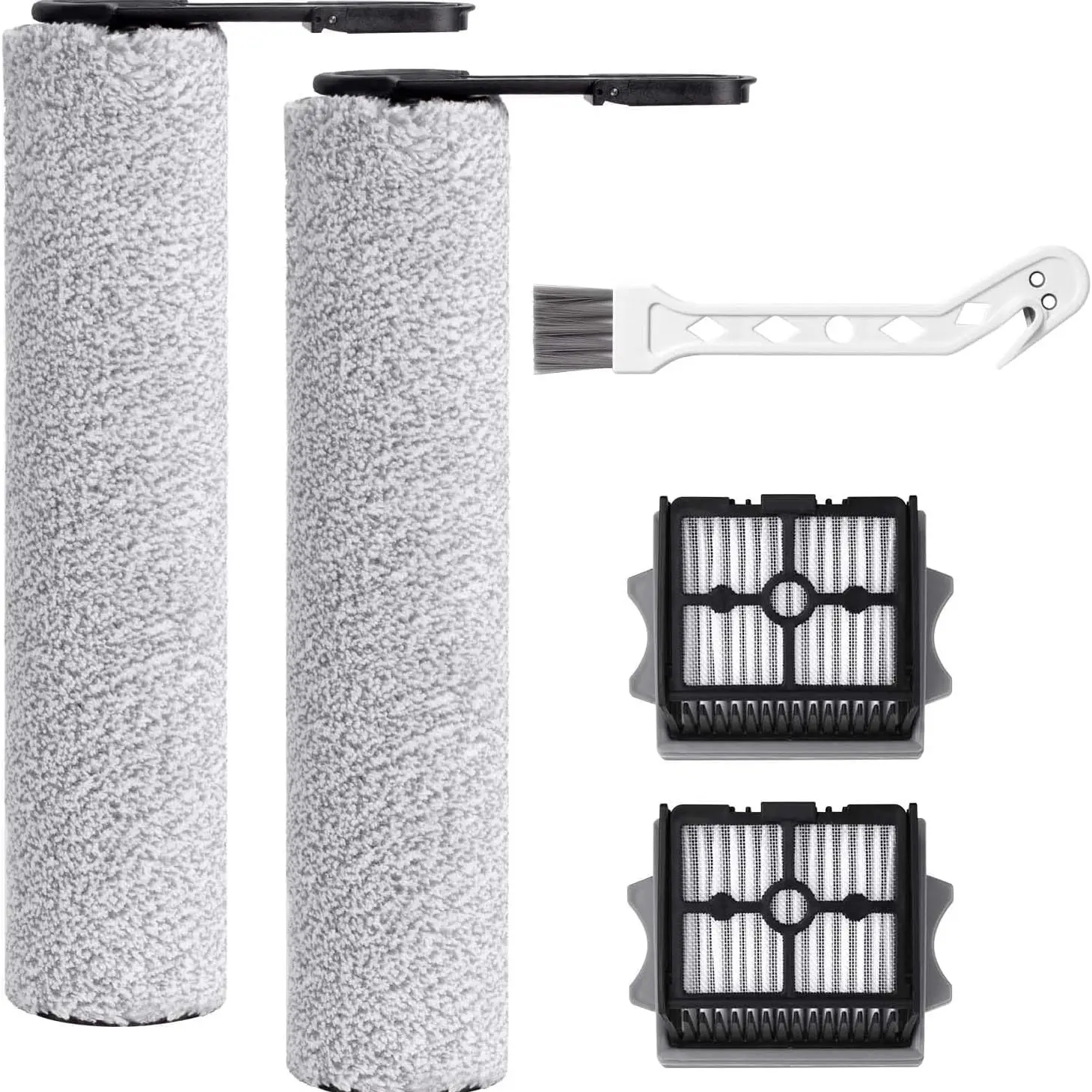 Replacement Roller Brush and Filter Kit Compatible with Tineco Floor ONE Stretch S6, Switch S6, i5, i6, S7, S9 Series Vacuum Cleaner, 2 Brushes, 2 HEPA Filters, 1 Cleaning Brush, Gray and Black, Vacuum Refill