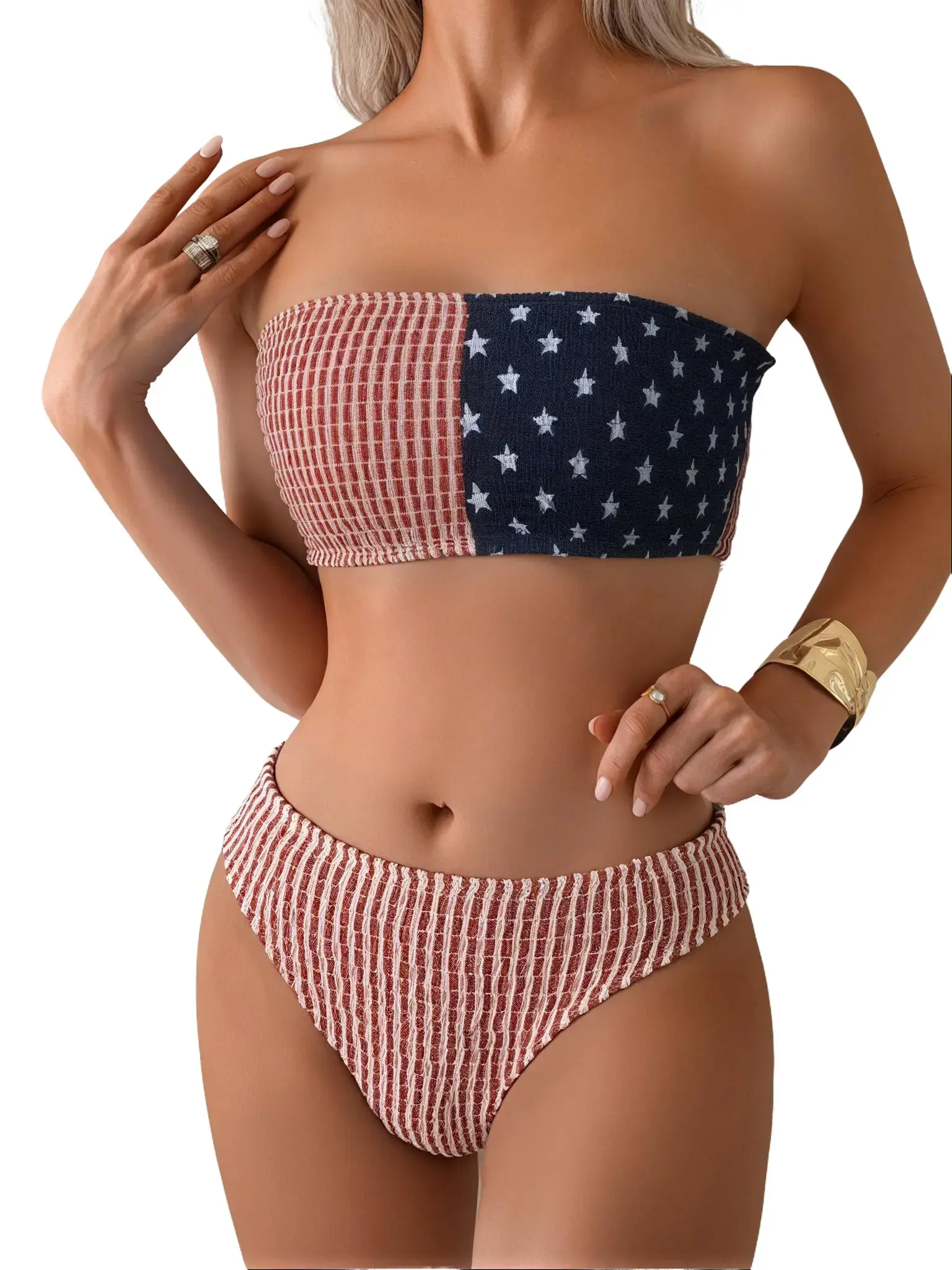 Women's American Flag Print Crinkle Bandeau 2-Piece Swimsuit - Cropped, Quick-Dry Stretch Fabric, Strapless High Waist Slimming Set for 4th of July Beach Vacation