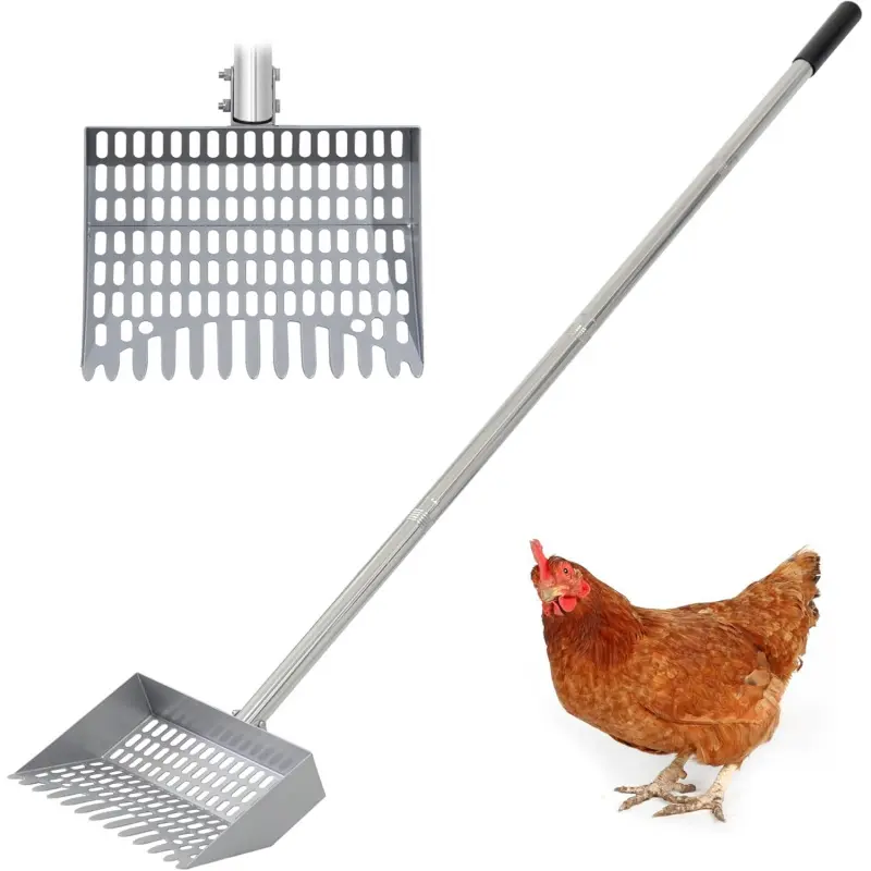 Chicken Poop Scooper Sturdy Spring Steel Chicken Poop Shovel Heavy Duty 38 to 66" Adjustable Sifting Shovel for Chicken Coop with Long Stainless Steel and Rubber Handle