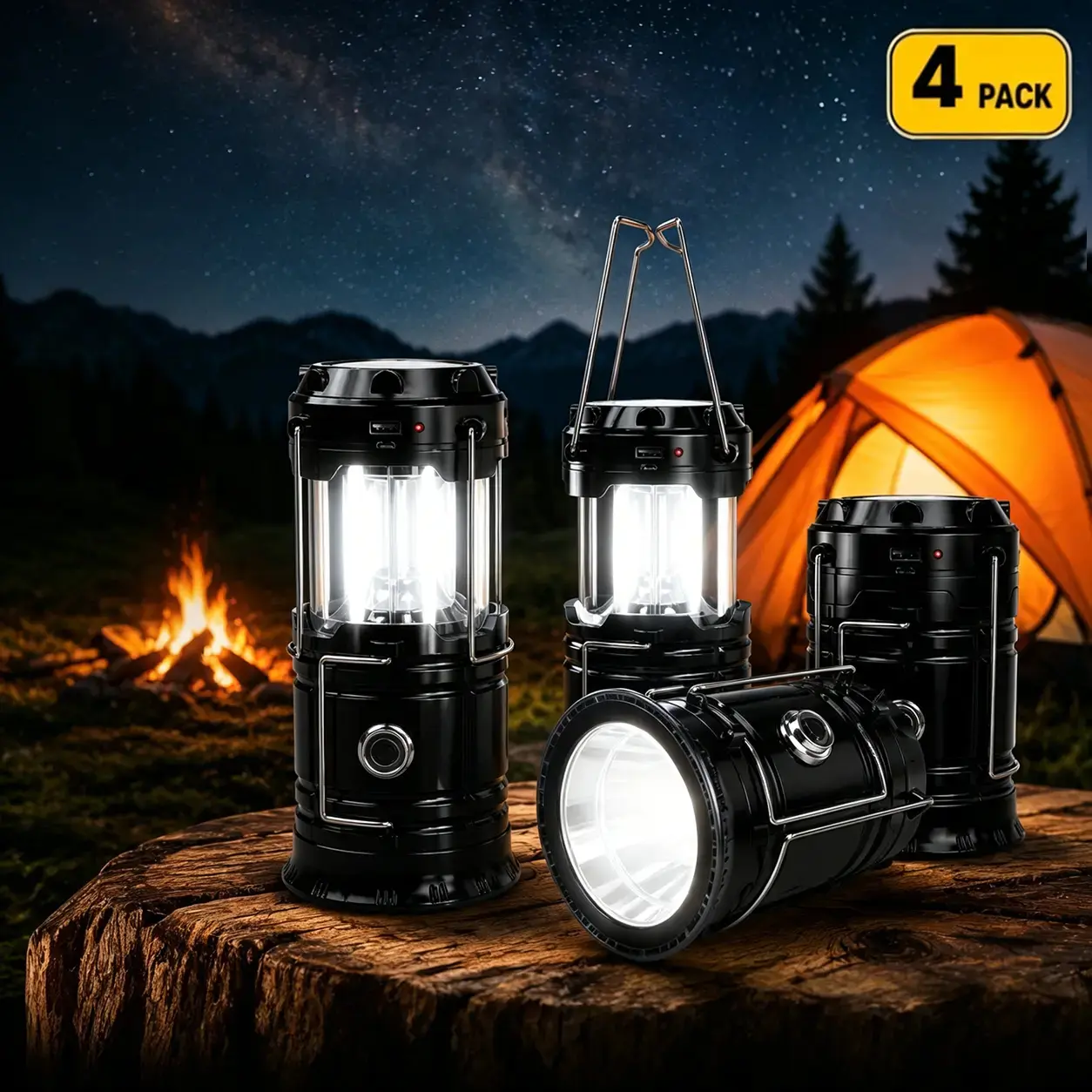 【Travel Hacks】4-Pack Collapsible LED Camping Lanterns - Lightweight, Waterproof, Solar & USB Rechargeable Emergency Lanterns for Power Outages, Outdoor Camping, Father’s Day Gifts, Camping Lamp