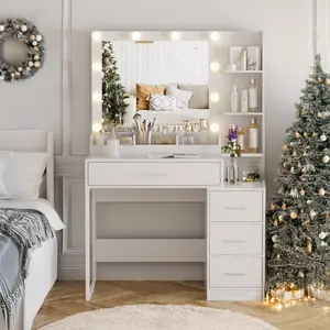 LHBCRAFT Makeup Vanity Desk with Adjustable LED Lights, Bedroom Vanity Desk with Drawers and Charging Station
