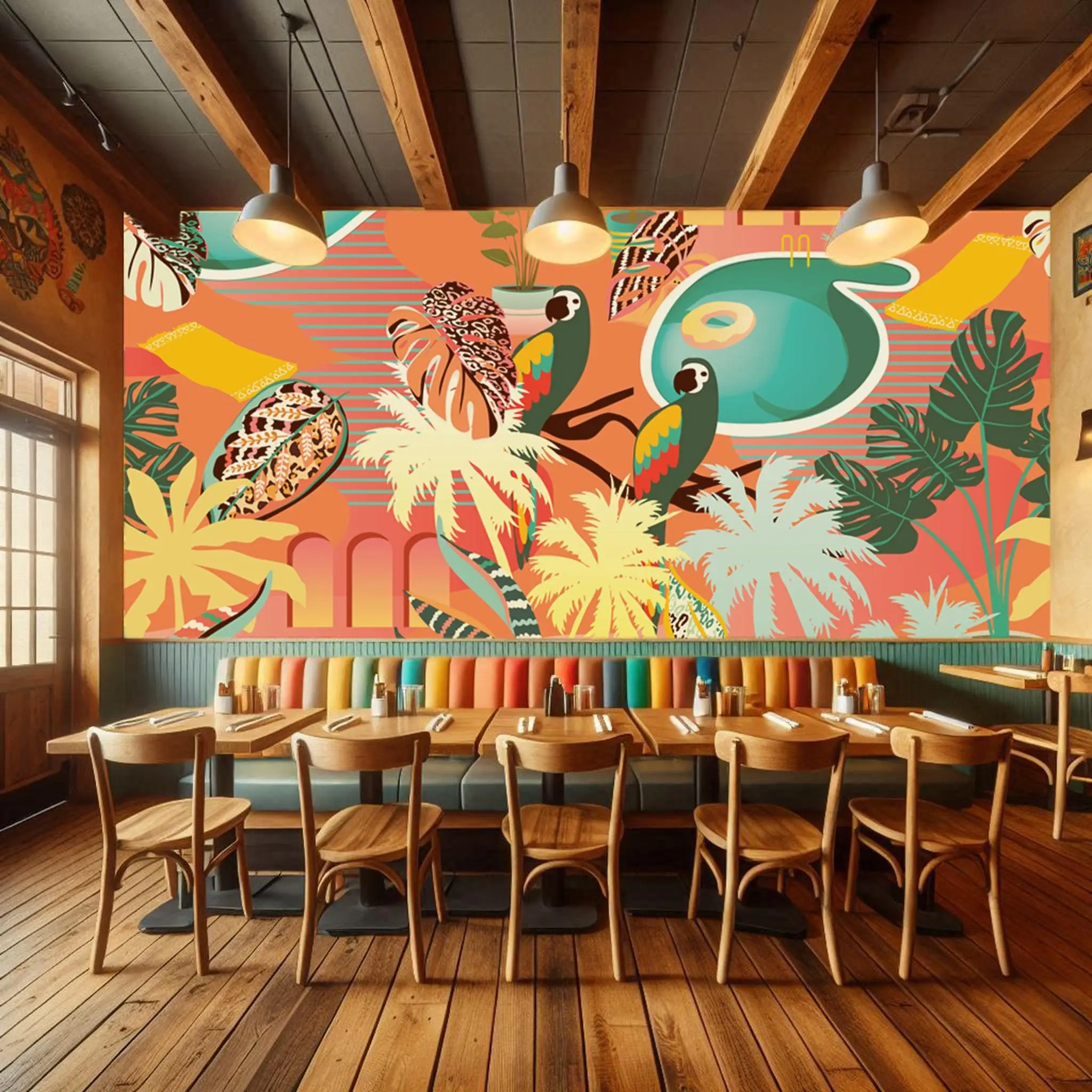Tropical Jungle Peel and Stick Wallpaper - Vibrant Parrot, and Exotic Plant Mural - Removable Mexican-Inspired Wall Decor