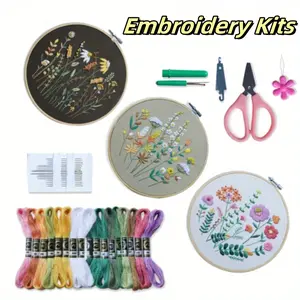 Pack of 3 Beginner Embroidery Litfor Adults,Beginner,DIY Starter Set with Stamped Flower Designs,Embroidery Hoop,Colorful Threads,Christmas Party Gifts,Hand Tools Kits