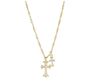 Double Cross Necklace Gold Alloy Cross Pendant Necklace for Women Trendy Faith Inspired Layered Look Minimalist Everyday Jewelry Gift for Birthdays Holidays and Special Occasions Cuban Link Chain Gold Statement Chain