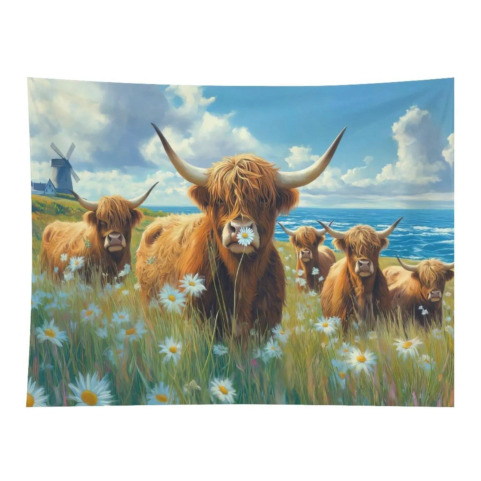 Highland Cow Group Oil Painting Wall Tapestry Wall Hanging - Cute Fluffy Scottish Cattle, Wild Daisies, Ocean Windmill, Pastel Sky Design - Cottage Core Decor, Room Decoration for Farmhouse Backdrop