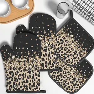 4pcs Heat Resistant Oven Mitts And Potholders Gradual Leopard Print Oven Mitts And Pot Holders Sets Suitable For Kitchen Decoration, Cooking, Grilling, Baking And Great Holiday Camping Picnics Gifts