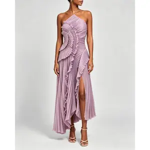 2026 Summer Halter Pleated Maxi Dress for Women – High Waist Ruffle High Slit Dress – Sophisticated for Formal Occasions & Garden Parties