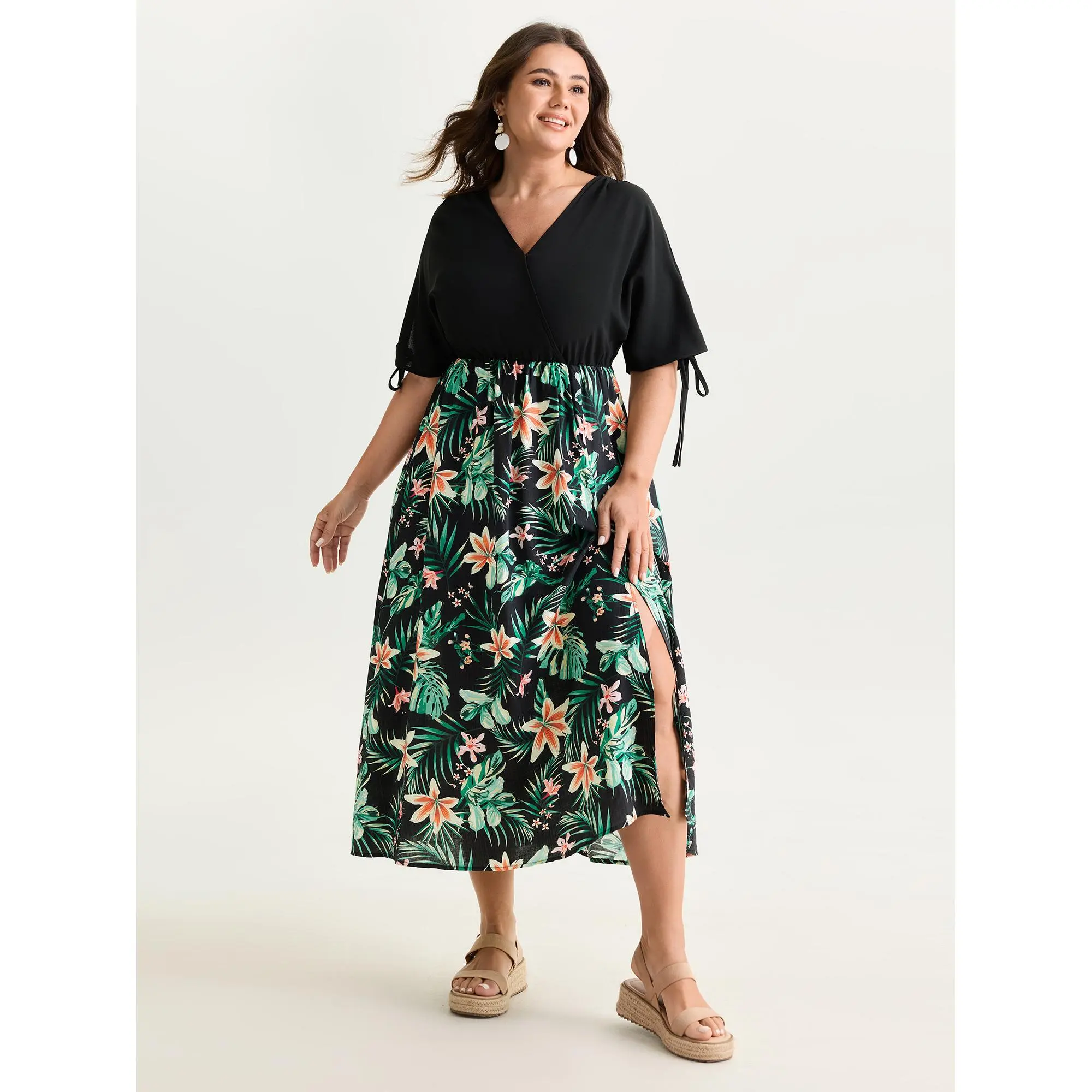 BloomChic Women's Plus Size Short-Sleeve Wrap Maxi Dress - Bohemian Tropical Flower Print, Nylon-Rayon Fabric, Pocket Convenience, Low-Iron, Smooth, Cold-Wash Casual Clothing