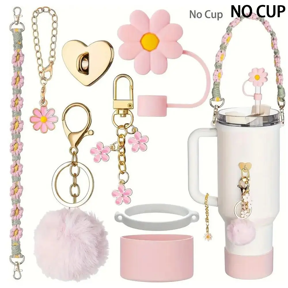 8pcs Tumbler Accessories Set for 40 & 30oz Cups, Includes Handle Strap, Straw Cover Cap, Water Strap, Heart Hook, Silicone Sleeve Boot, Keychain Charms, Drink Protector, Straw Lid Handle